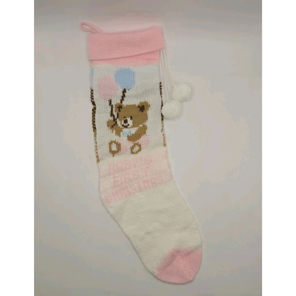 VTG Baby's First Christmas Knit Long Sock Stocking Teddy Bear Pink White Blue